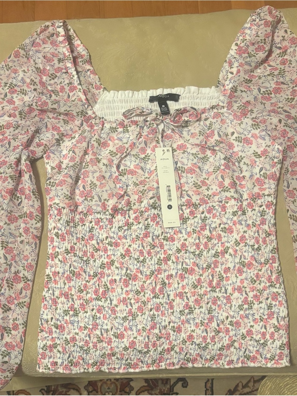 Aqua Pink Floral Smocked Long-Sleeve Top with Square Neck